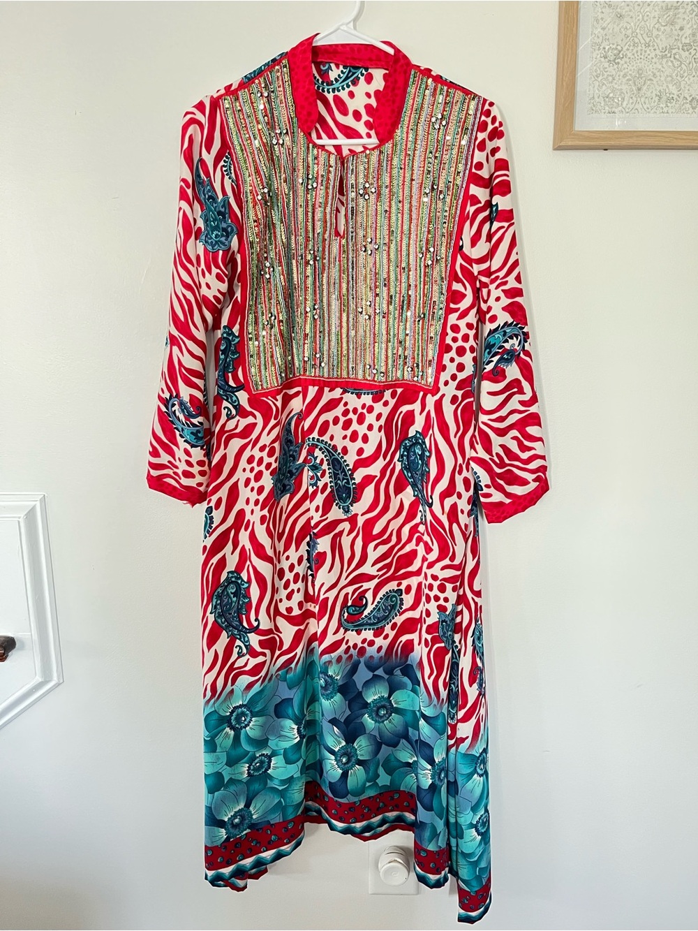 Hand Embroidered Red & Teal Maxi Dress